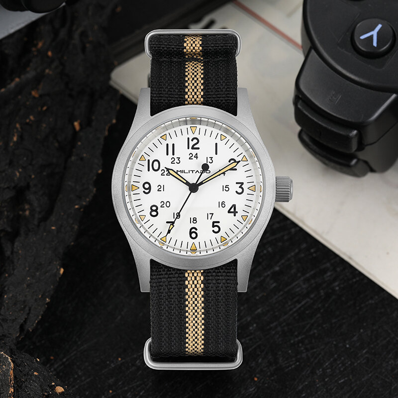 Militado ML05 jam tangan gelang kristal safir bulat jam tangan militer 38mm lapisan AR jernih tinggi gerakan kuarsa VH31