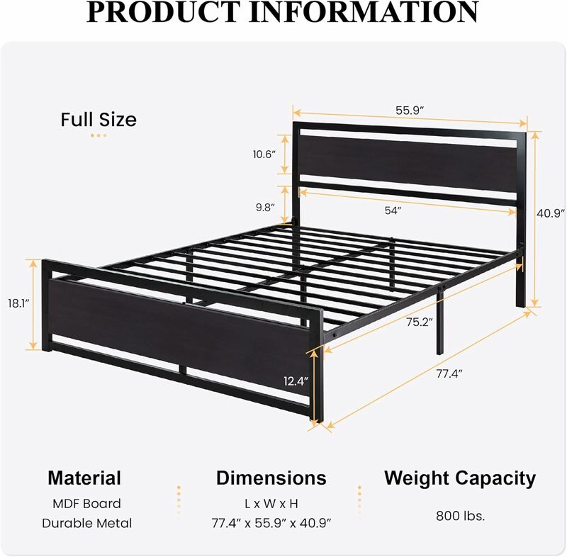 Quadro completo da cama do metal do tamanho, cabeceira moderna, cabeceira do metal pesado, quadro quadrado, footboard preto, grupo do quarto