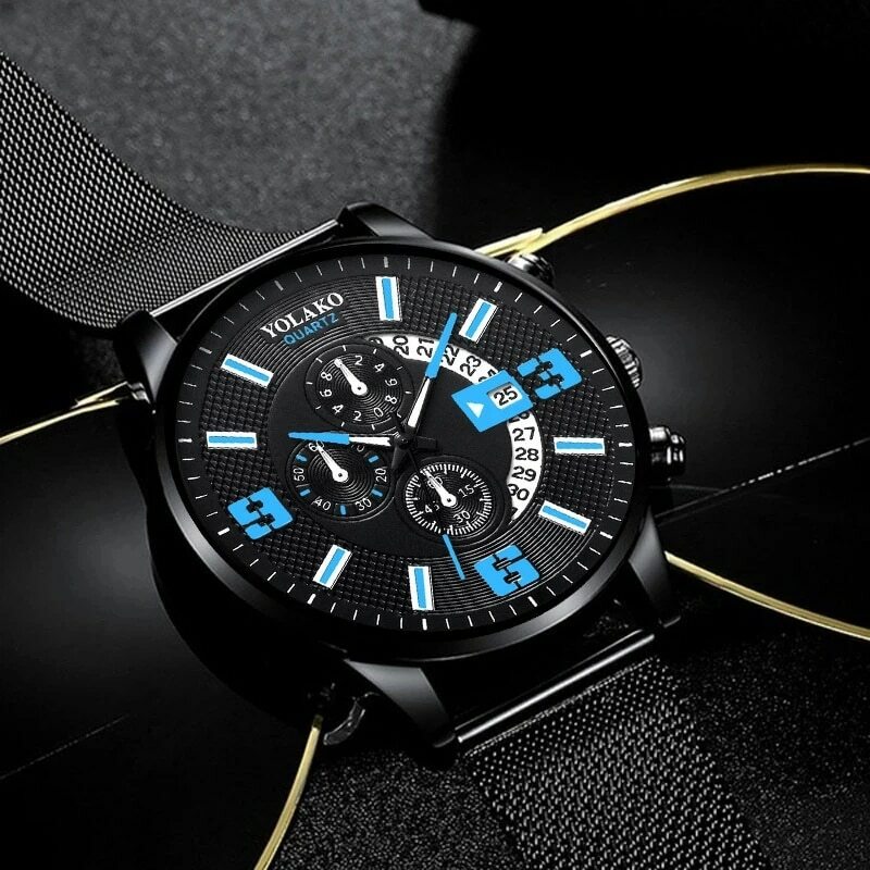 Reloj Hombre 남성용 비즈니스 달력 시계, 스테인레스 스틸 메쉬 벨트 쿼츠 손목시계, 남성 패션 시계