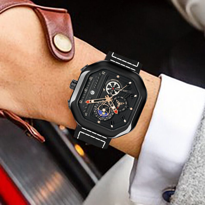 LIGE Square Fashion Luxury Men Watch Quartz Men's Watches Leather Strap Waterproof Chronograph Wristwatch Man Clock Reloj Hombre