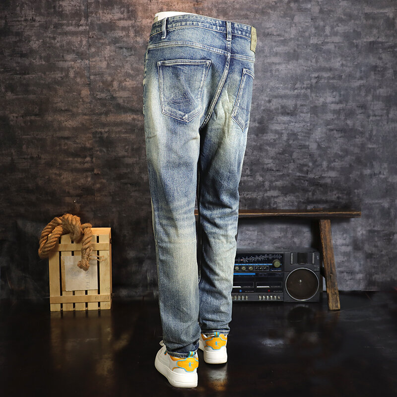 Newly Designer Fashion Men Jeans High Quality Retro Washed Blue Stretch Skinny Fit Ripped Jeans Men Vintage Trousers Denim Pants