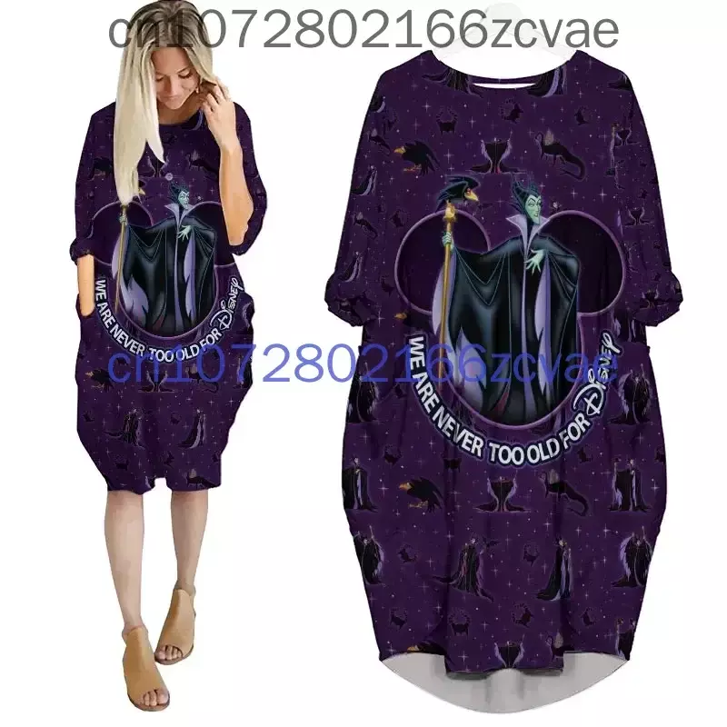 Maleficent Oversize Long Sleeves Pocket Dress Disney Cartoon Batwing Pocket Dress Women's Fashion Versatile Loose Party Dress