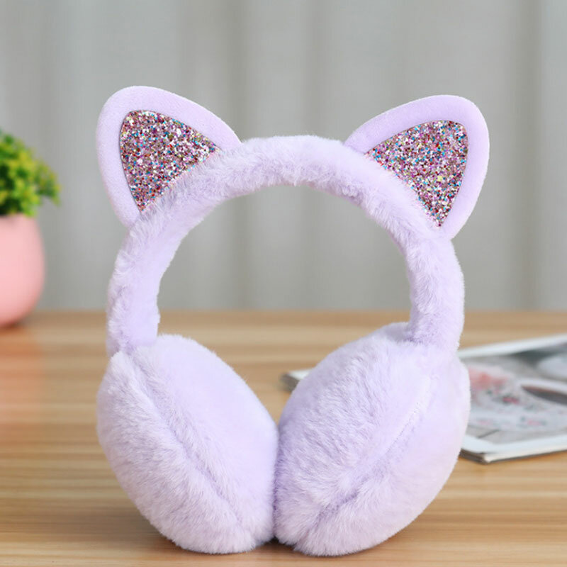 Soft Plush Earmuffs Cat Ears Shiny Sequin Earmuffs Winter Thicken Warm Ear Muffs Ear Protector Foldable Fluffy Earflap Headband