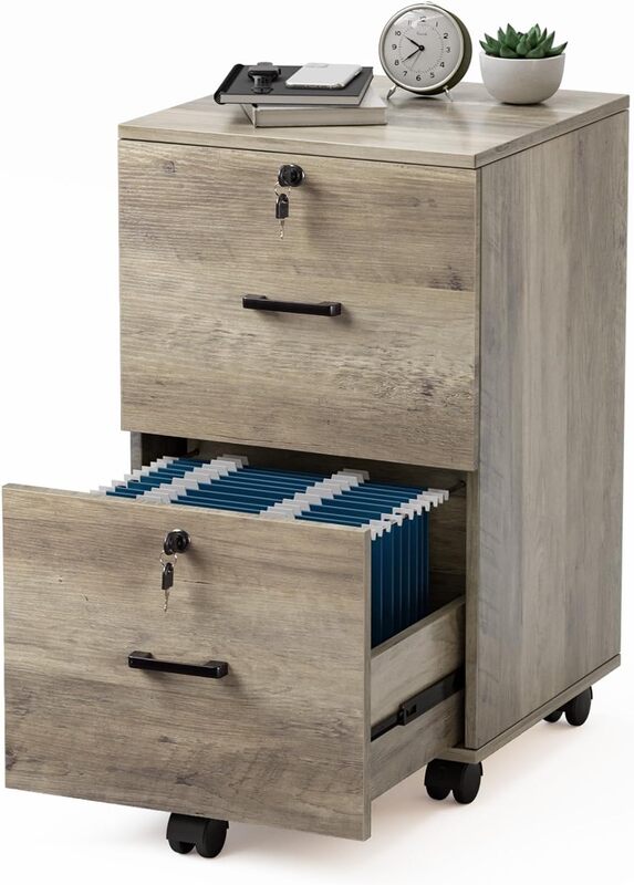 Archivador de 2 cajones con cerradura, archivador gris rústico de madera para carpetas de archivos de tamaño de carta con pestañas, enrollable debajo del escritorio