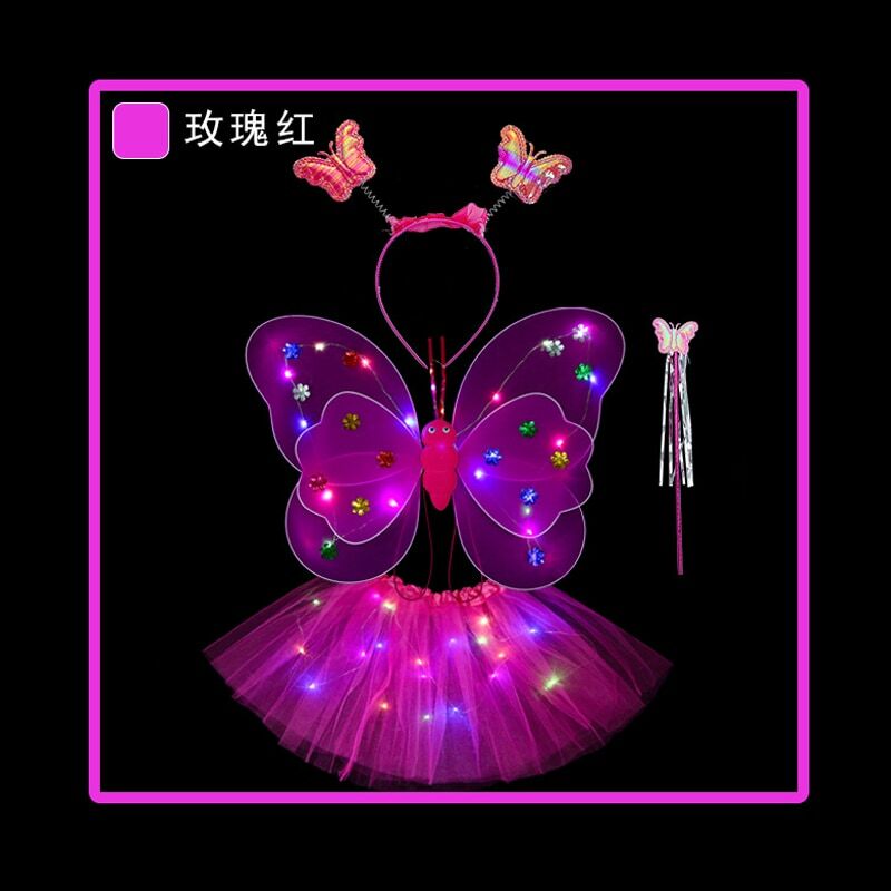 Flashing Luminous Angel Wings Set Children Costume Props Girl Butterfly Wings Headband & Wand Role Play Outfits
