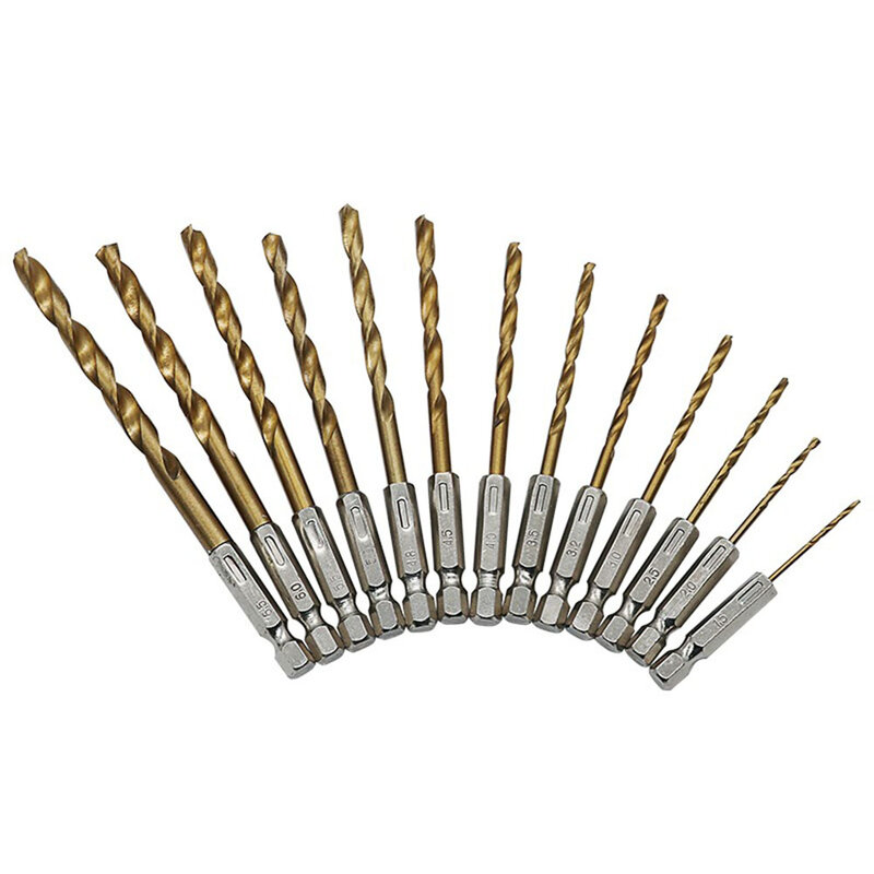 Conjunto de brocas revestidas em titânio, broca de aço de alta velocidade, ferramentas elétricas para madeira e furo de metal, 13PCs, 1.5-6.5mm
