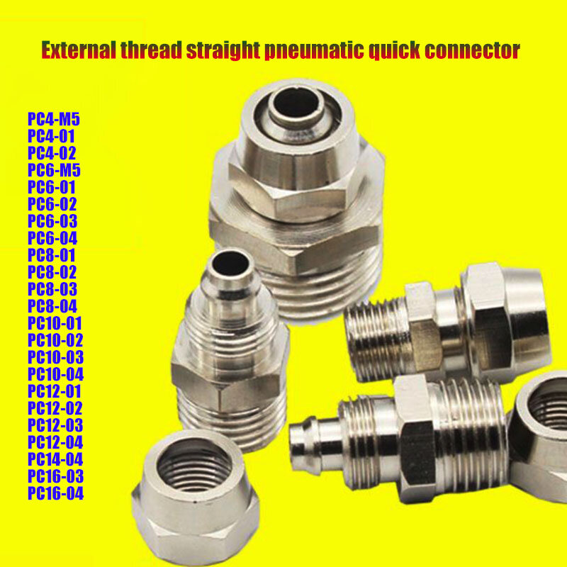 Conector rápido neumático, Conector recto PC4-16mm/6-16 01/2/3/4, rosca externa, conexión de tubería de Gas, cobre niquelado