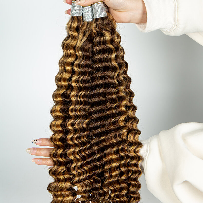 Extensiones de cabello humano a granel resaltado, cabello de onda profunda a granel para trenzado, extensión de cabello humano virgen, uso en salón de belleza