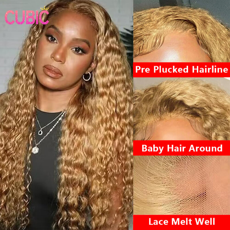Honey Blonde Curly Lace Front Wigs Human Hair 13x4 HD Lace Blonde Deep Wave Human Hair Wig 200% Density Pre Plucked #27 Colored