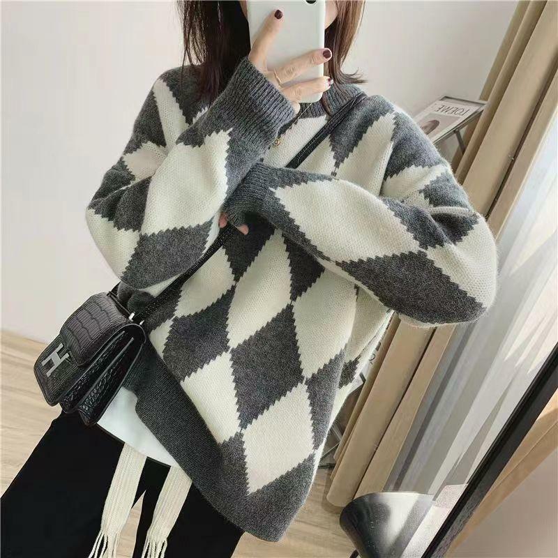 Autumn Winter Fashion Woman Solid Casual Pullover Women Loose Warm Sweater Knitted Top Soft Plaid Retro Preppy Style Lively J76