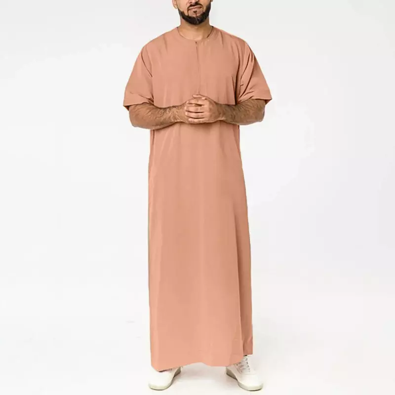 Jubah pria lengan pendek, jubah pria warna Solid, gaya Saudi, ritsleting, Vintage, lengan pendek, leher O, pakaian Muslim Arab, lebaran, Ramadan