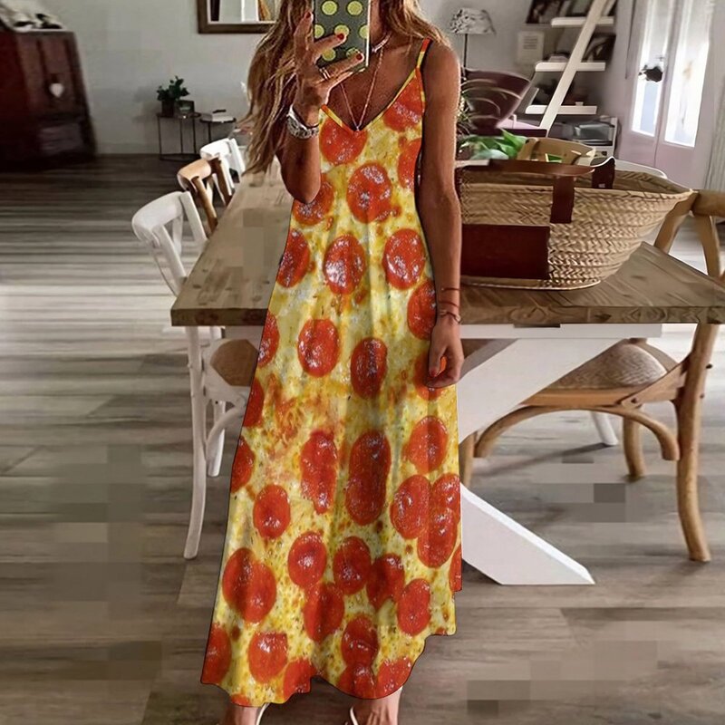 Vestido largo sin mangas de pizza para mujer, ropa de noche, tendencia de verano, 2023