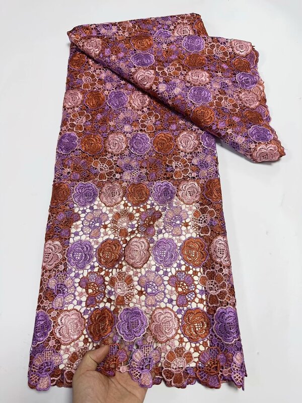 Нигерийская Водорастворимая хлопковая кружевная ткань с вышивкой и блестками, тюль для свадебного платья, 2024 высокое качество, 5 ярдов шитья