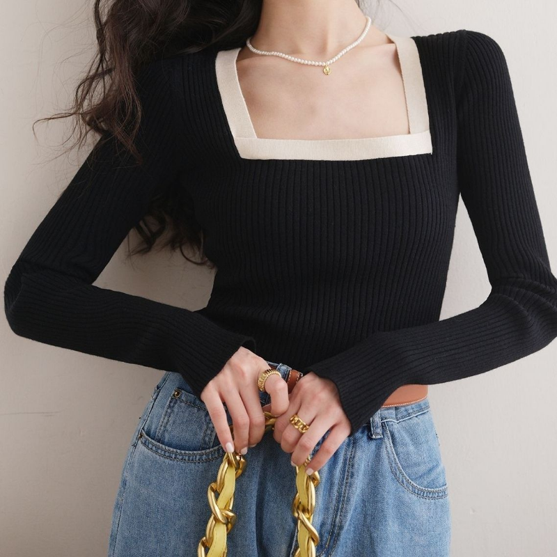 Rücken freie Pullover Frauen elegante schlanke sanfte quadratische Kragen schicke Freizeit getäfelte Französisch Stil Temperament entworfen ästhetisch gestrickt