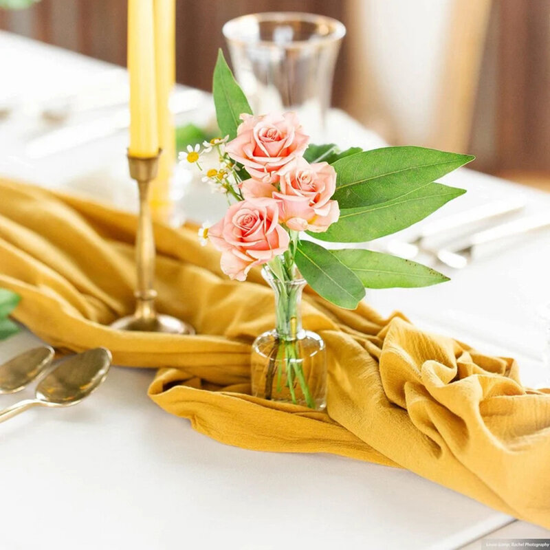 Camino de mesa amarillo de gasa para boda, camino de mesa bohemio hecho a mano, color mostaza