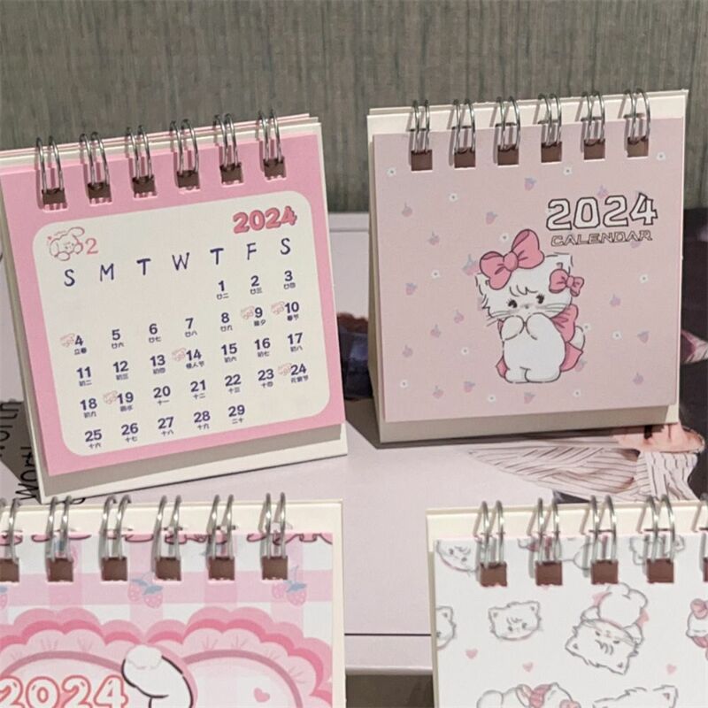 Gato bonito Padrão Desktop Paper Calendar, Mini Paper, Planejador de Programação Escrita, Agenda Anual, Setembro 2023-Dezembro 2024