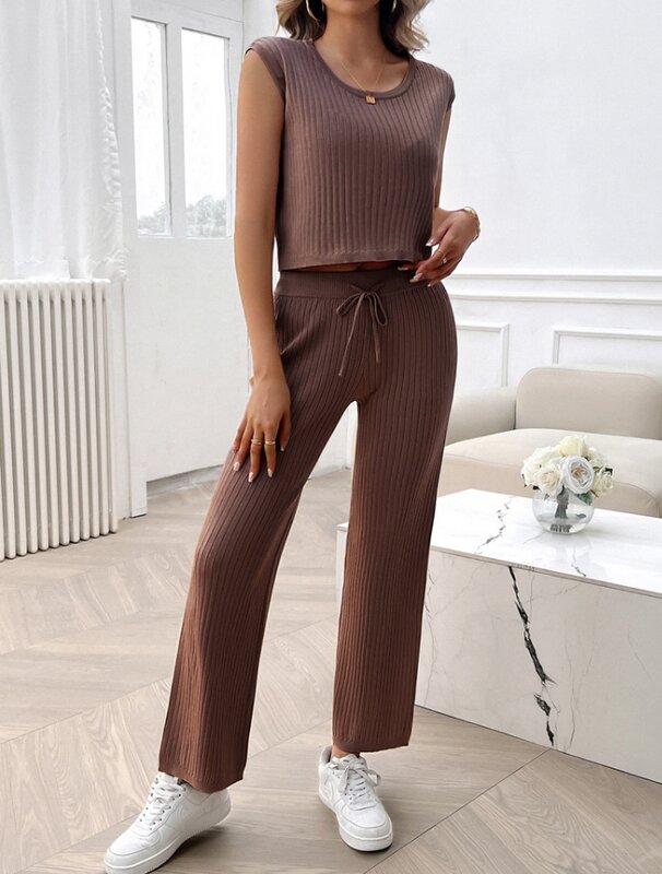 Women's Crew Neck Slim-Fit Sweater Set 2024 New Fashion Solid Color Ice Cool Silk Sleeveless Temperament Commuting Pants Set