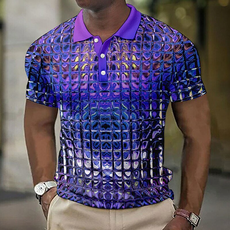 Modne męskie koszulki Polo 3d imitacja metalu w kratę drukowana męska letnia codzienna designerskie topy z krótkim rękawem