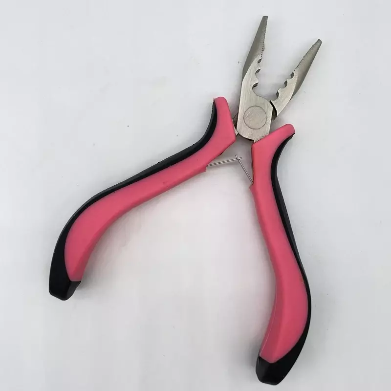 1 piece Pink handle carbon steel straight nose plier with 3 holes Feather hair extension clamphair extension tools