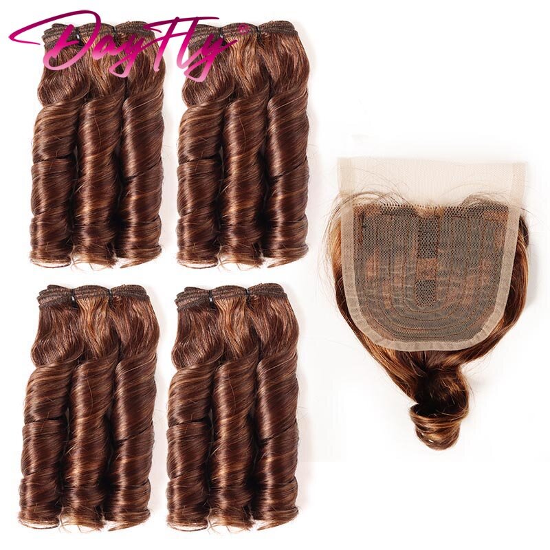 Short Human Hair Bundles With Closure Brazilian Weaving Loose Wave 4 Bundles With Closure Ombre Bundles P430 99J Bouncy Curly