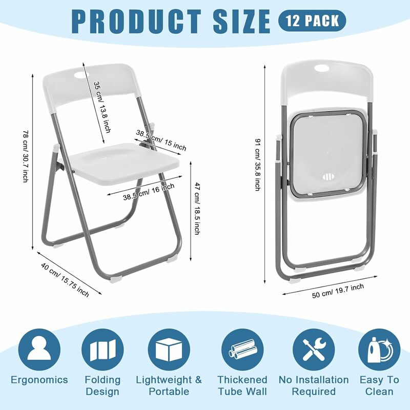 كرسي بلاستيكي قابل للطي قابل للتكديس بسعة 330 رطل ، كراسي مناسبات معدنية محمولة قابلة للطي ، 12 عبوة