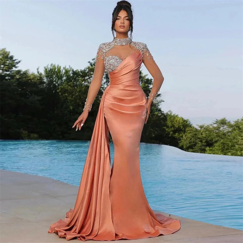 Sexy Mermaid Rhinestones Satin Crystals Evening Gowns For Women Proms High Neck Illusion Custom Made Robes De Soirée