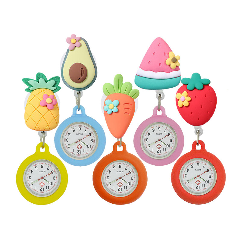 YIJIA Hospital Lovely Cartoon Fruit retrattile Badge Reel Pocket Nurse orologi con custodia in Silicone e puntatore luminoso