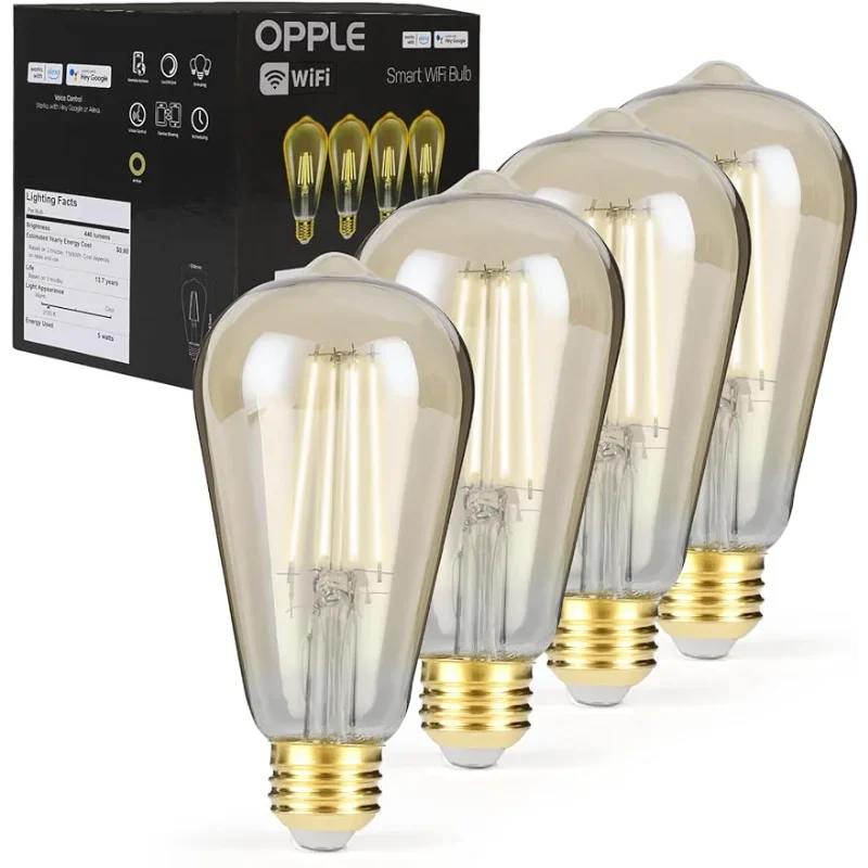 OPPLE Vintage Smart LED Lâmpada, Lâmpadas Edison, Wifi, Bluetooth, Edison, Alexa, Google Home, ST19, E26, 110V, 40W, 4PCs