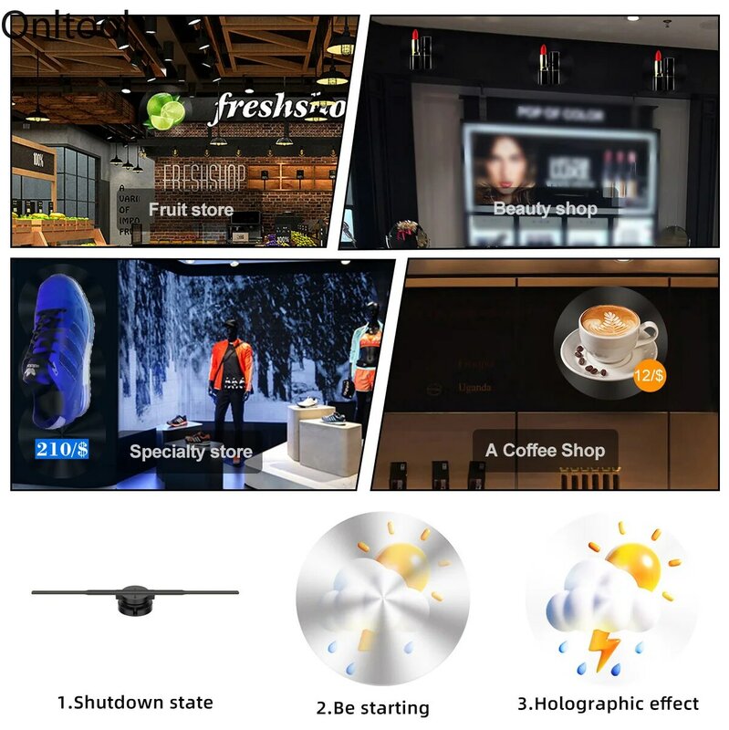 3D ventilador holograma projetor, display wi-fi, publicidade logotipo luz, LED sinal lâmpada holográfica, projetores tridimensionais, 42-100cm