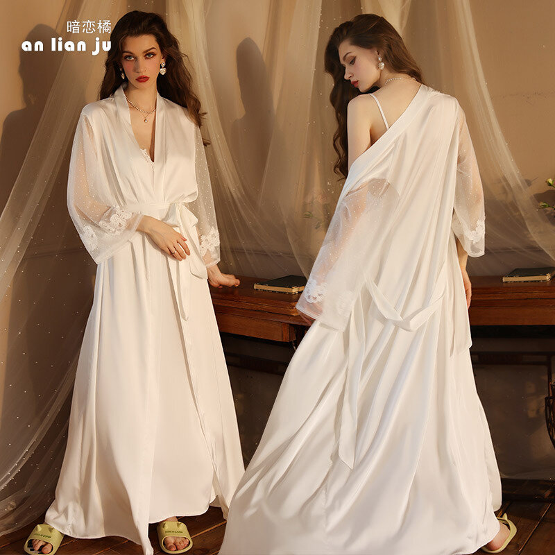 2024 Sexy Lengthened Bathrobe Pajamas Long Sleeved Women's Satin Home Furnishings Thin and High End Women's Set Birthday Gift