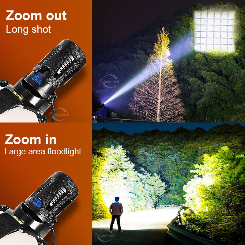 XHP360 Super Bright Long Range Zoomable Emergency Torch Powerful Led Headlamp Portable Outdoor Senter Taktis Power Display