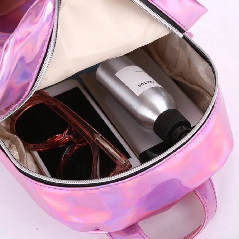 Новинка 2023, модный серебристый розовый лазерный рюкзак, роскошная сумка из искусственной кожи для женщин и девочек, голографический маленький размер, женские и детские школьные ранцы