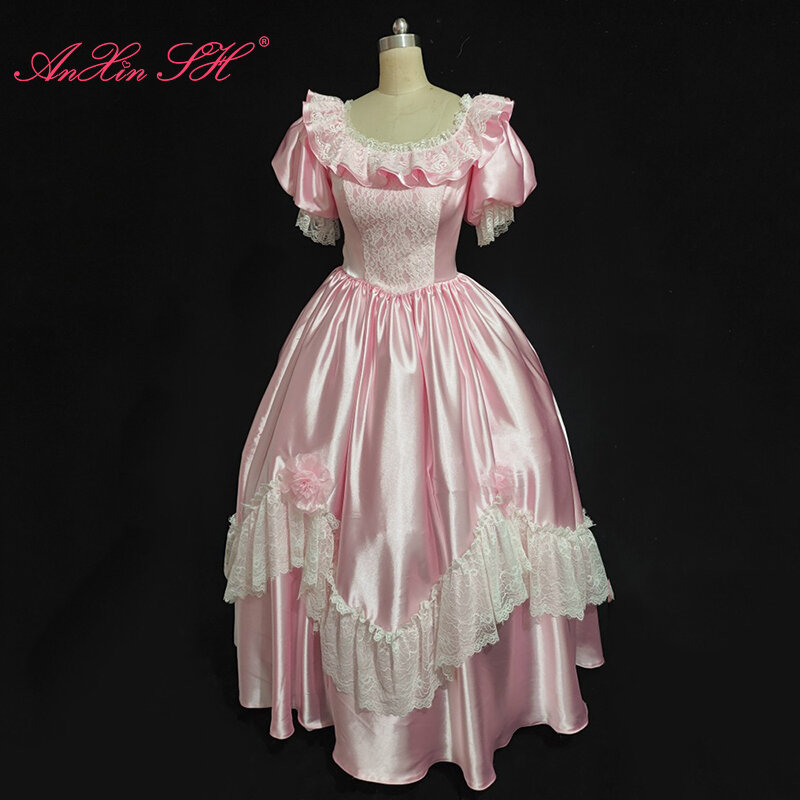AnXin SH винтажное розовое атласное белое цветочное кружево с оборками и круглым вырезом короткие пышные рукава на шнуровке искусственное свадебное платье