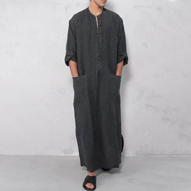 Men's Muslim Robes Middle East Dubai Saudi Arabia Long Sleeve Loose Prayer Robe Dress Muslim Kaftan Jubba Thobe Islamic Clothing