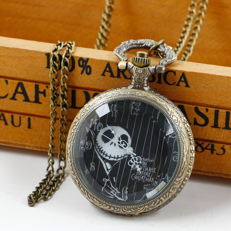 Jam tangan saku kuarsa tengkorak cermin akrilik jam tangan rantai perunggu pria Vintage steampunk jam hadiah jam reloj de bolsillo