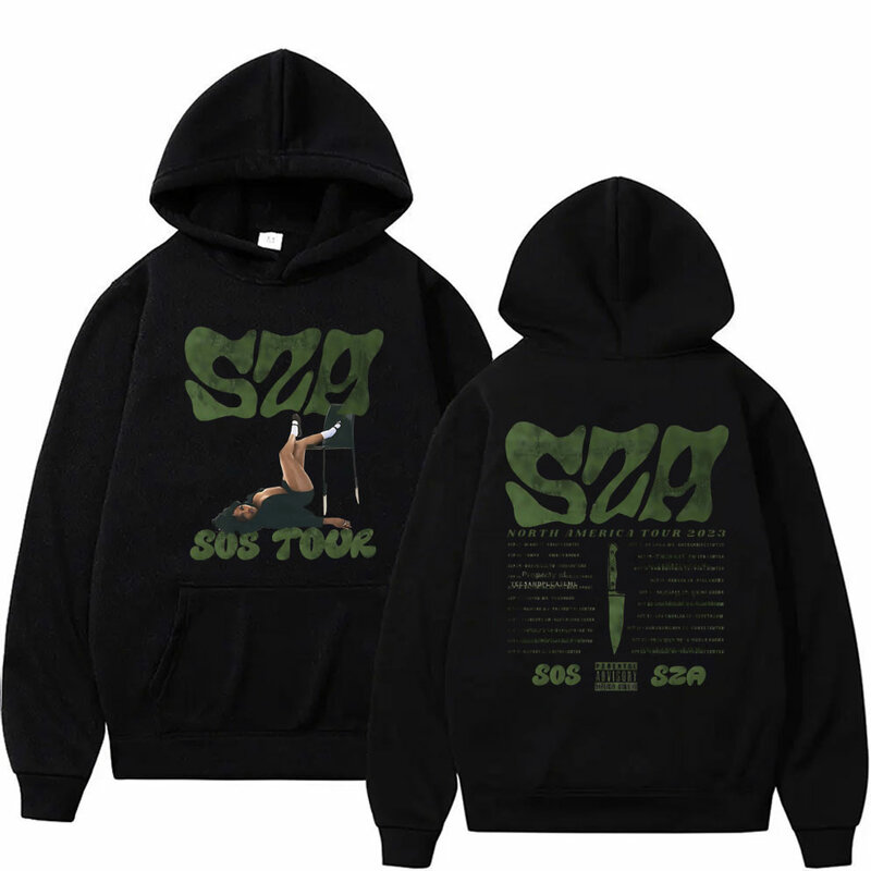 Rapper SZA SOS Tour Hoodie grafis dua sisi pria wanita Hip Hop Vintage ukuran besar Pullover Hoodie Mode Pria Streetwear