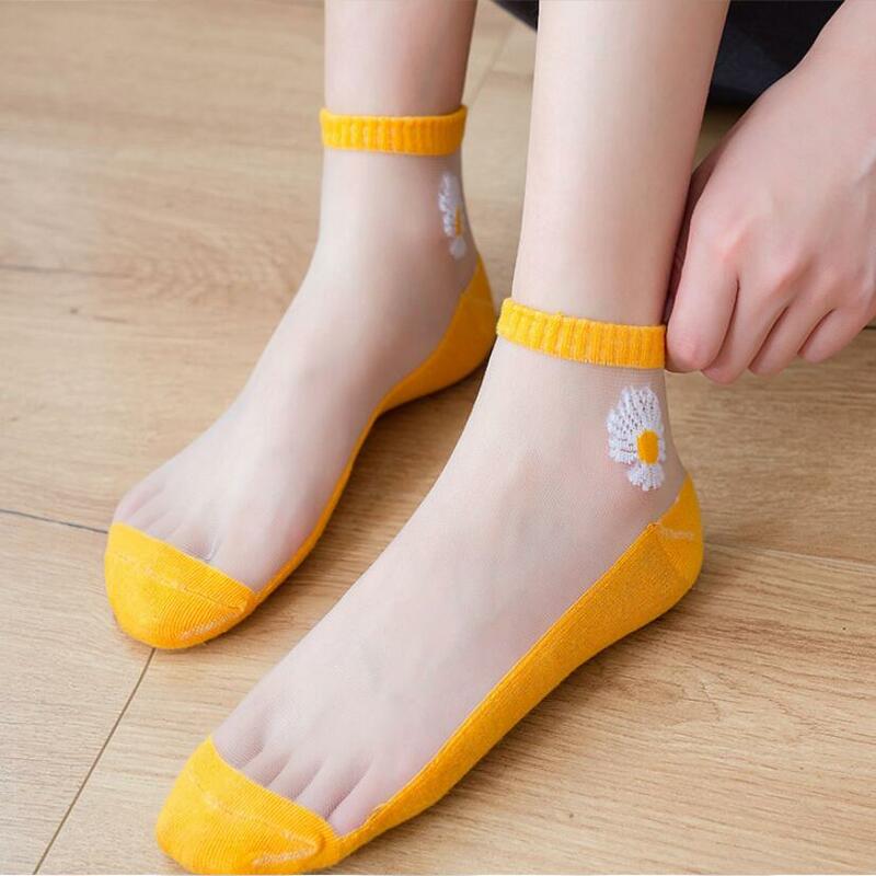 10 Pairs Women White Daisy Flower Short Socks Set Fashion Summer Thin Breathable Candy Color Transparent Crystal Silk Ankle Sock