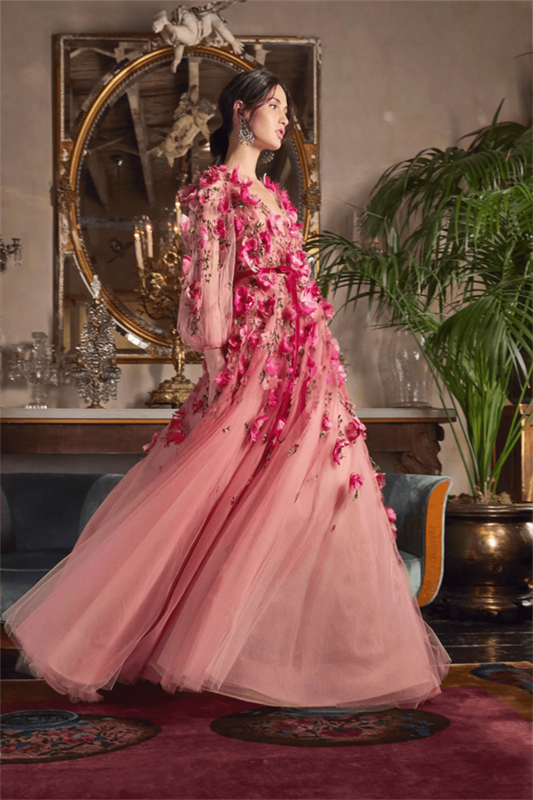 14252 # Gaun Prom Merah Muda Mawar 3D Bunga Bunga Lengan Panjang Leher V Gaun Malam Buatan Khusus Gaun Pesta Tulle Panjang Selantai