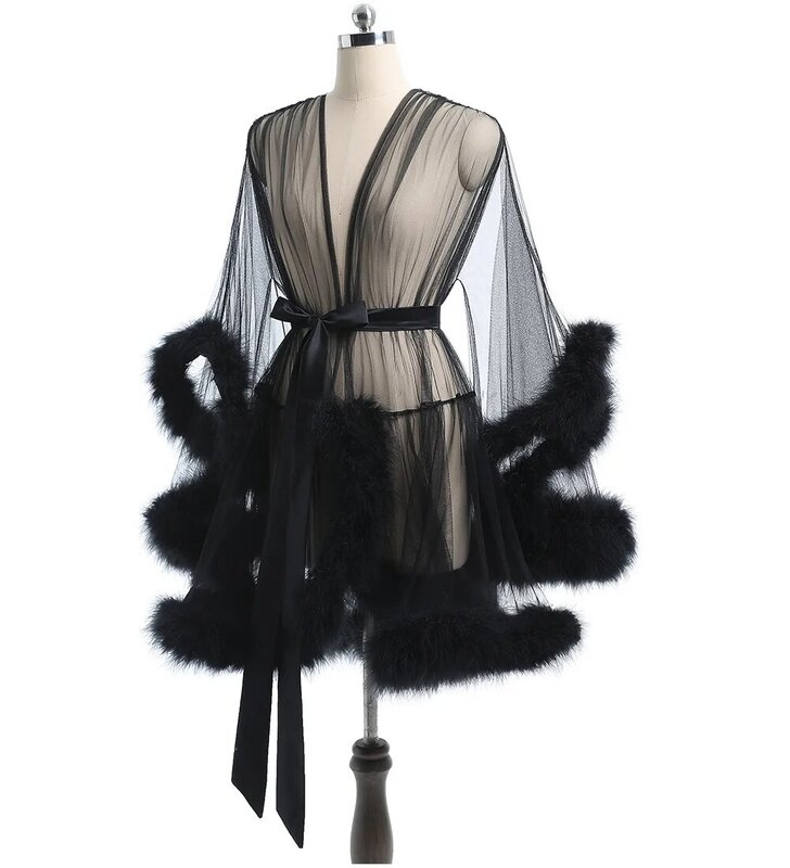 Gaun balutan jubah bulu seksi pendek kostum ulang tahun tipis Boudoir gaun Tulle ilusi ditingkatkan pengantin panjang