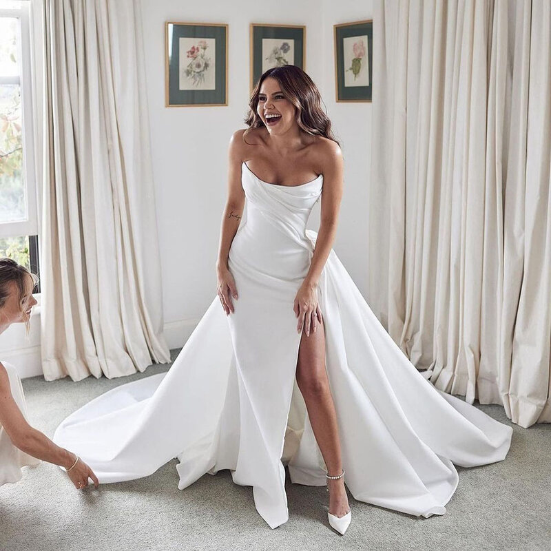 Sexy Satin Wedding Dresses With Detachable Train Sweetheart Slit Wedding Gowns White Bride Dresses Customzie To Measures 2023
