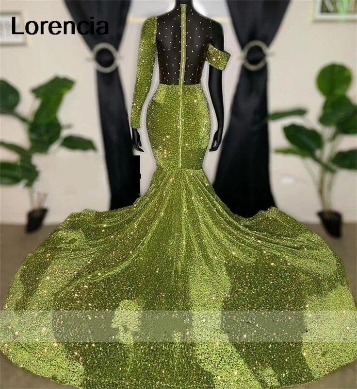 Lorencia Green Mermaid Prom Dress For Black Girls Crystals Sequins Beads Birthday Reception Party Gown Robe De Soiree YPD75