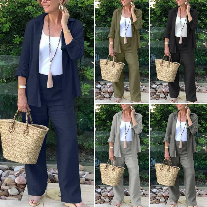Casual Cardigan Trousers Set Women's Loose Lapel Shirt Wide Leg Pants Set for Daily Wear Mid Length Blouse with High Elastic