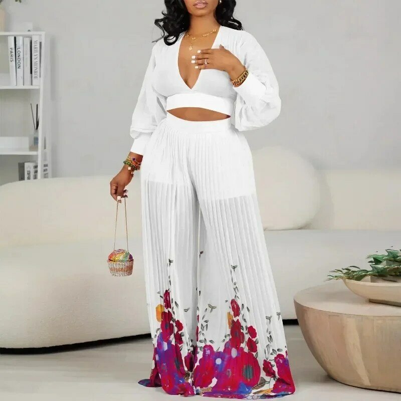 2023 afrykańskie ubrania dla kobiet letnie afrykańskie z długim rękawem z dekoltem w szpic poliestrowe stroje z topem zestaw spodni dwuczęściowe pasujące zestawy