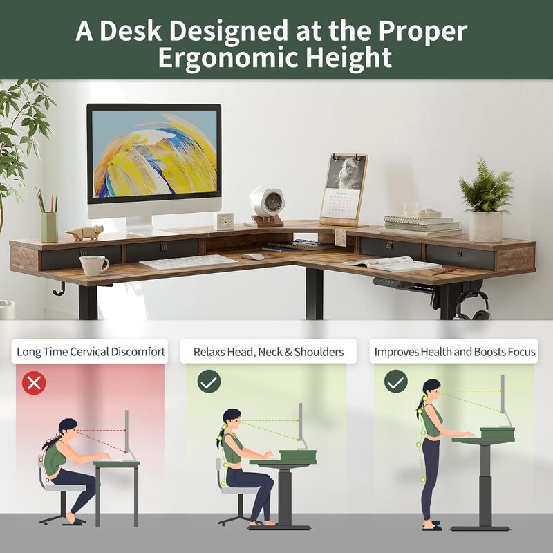 FEZIBO-L Shaped Standing Desk with 4 Drawers,   Gaming Desk, Adjustable Height, Corner Stand up  63 in