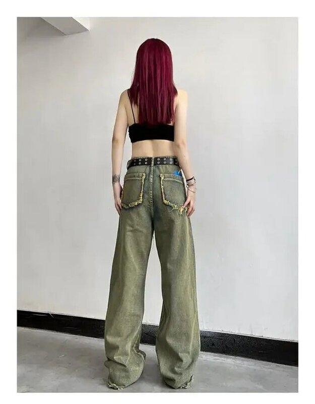Calças novas mulheres outono do vintage lavagem áspera borda reta tubo de emenda jeans masculinos alta rua ampla perna calças 2022 novo