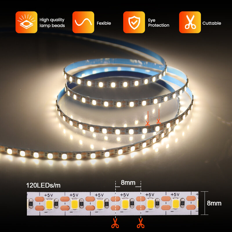 Flexível LED Strip Light para a decoração do quarto, fita de fita, fio de diodo, 3mm, 5mm, 8mm, PCB, Largura 120Leds por m, USB, 2Pin, 2835, 5V