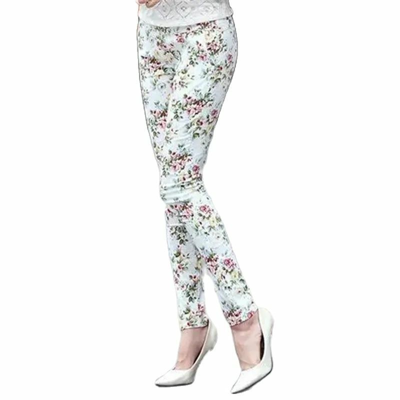 กางเกงลำลองผ้ายืดสำหรับผู้หญิง, กางเกงทรงดินสอพิมพ์ลายดอกไม้พื้นกางเกงขายาวสุภาพสตรีฤดูร้อนใหม่ปี2024
