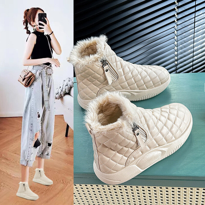 Botas de neve retrô plataforma feminina, sapato de algodão quente, bota de pelúcia, bota curta, inverno, novo, 2023