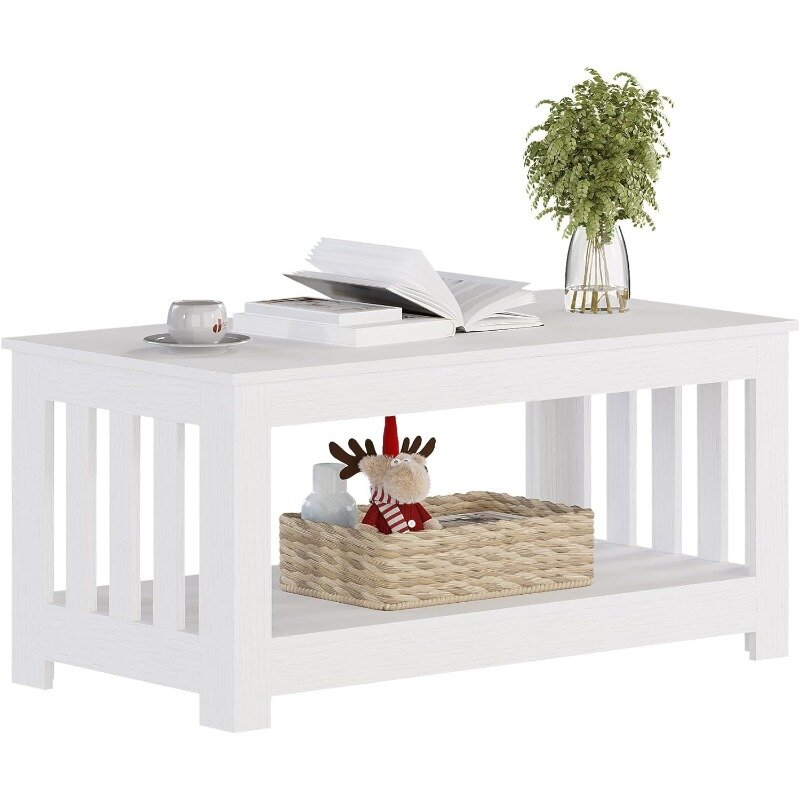 Wooden One Style Fits All Coffee Table - White Coffee Table, 2-Tier Rectangular Console Living Room, Scratch/Water Resistant
