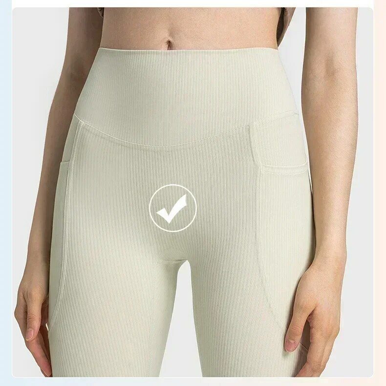 Leggings in tessuto a coste a vita alta da donna al limone con tasche pantaloni sportivi da corsa da palestra pantaloni sportivi da Jogging all'aperto